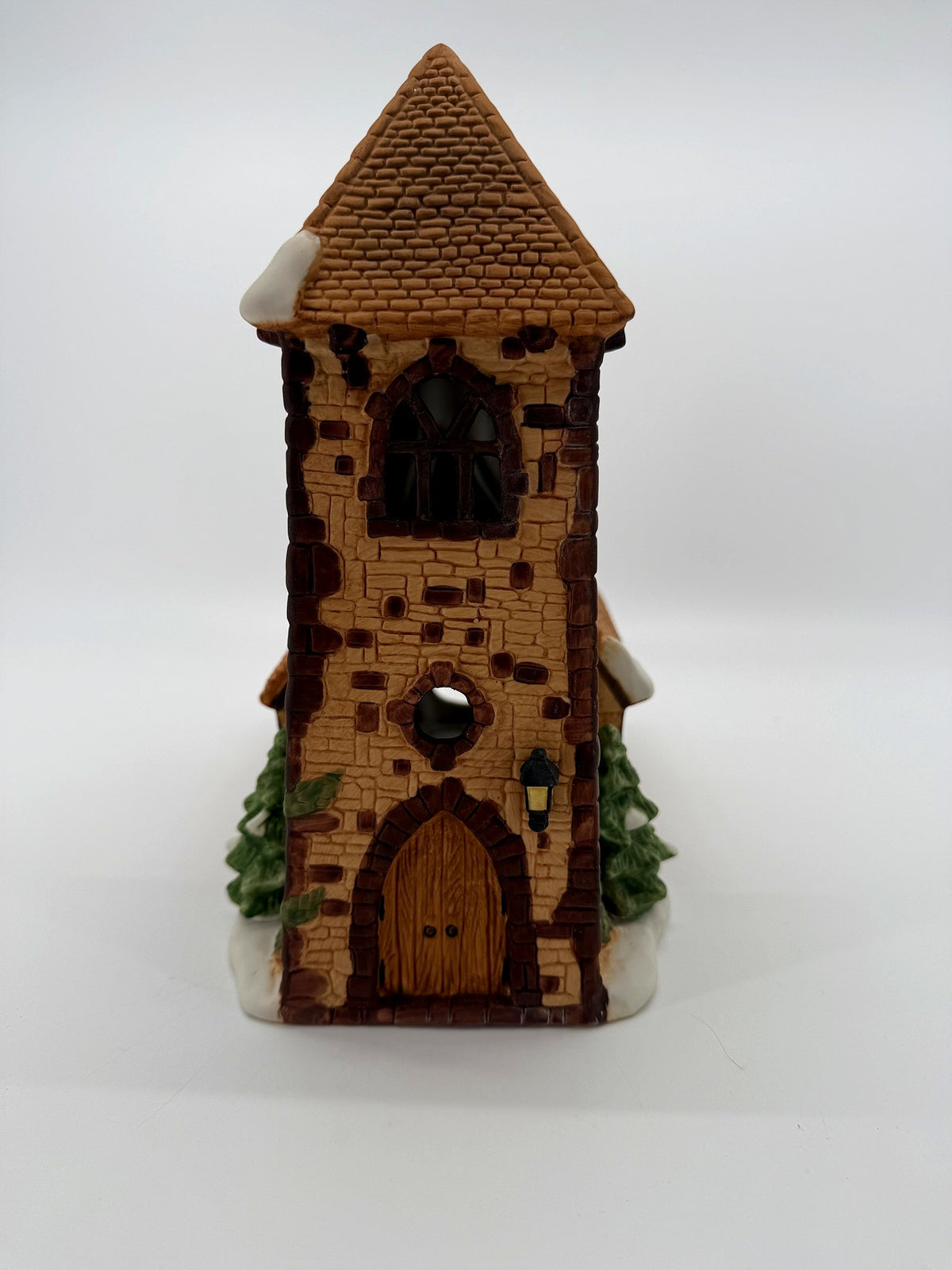 Department 56 Dickens' Village Church – straight-on tower front with round window and lantern