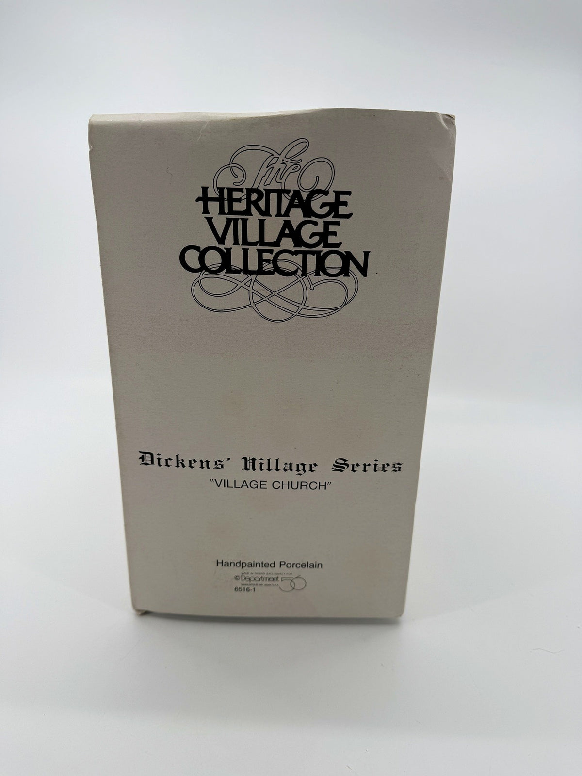 Department 56 Dickens' Village Church – original box end with Heritage Village Collection print and item number 6516-1