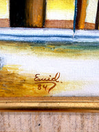 1984 signed oil on canvas Venezuelan street scene, framed — close-up of the signature, second view