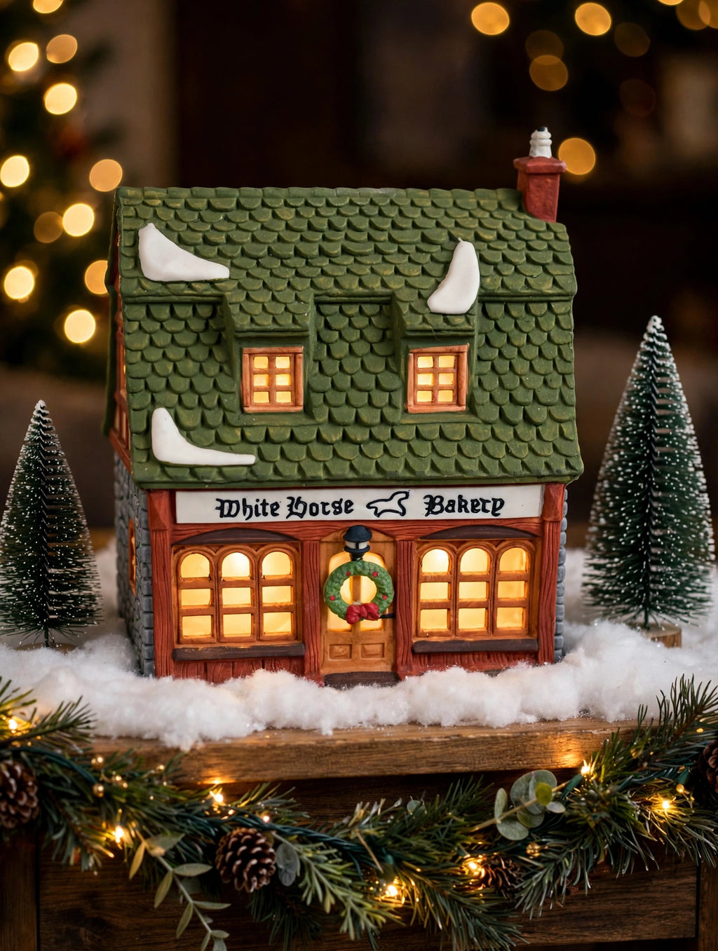 White Horse Bakery on a Christmas mantel with garland (styled display inspiration)