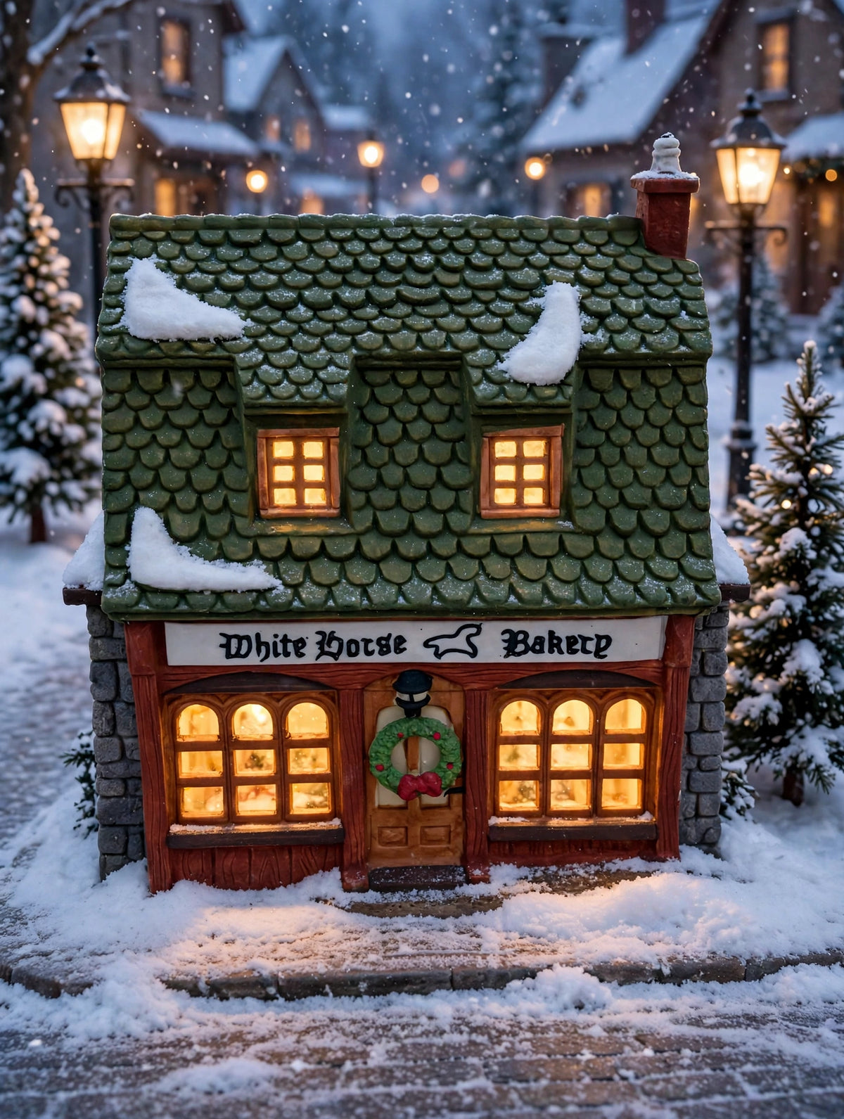 White Horse Bakery in a snowy village square at evening (styled display inspiration)