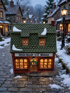 White Horse Bakery on a snowy Victorian street at dusk (styled display inspiration)