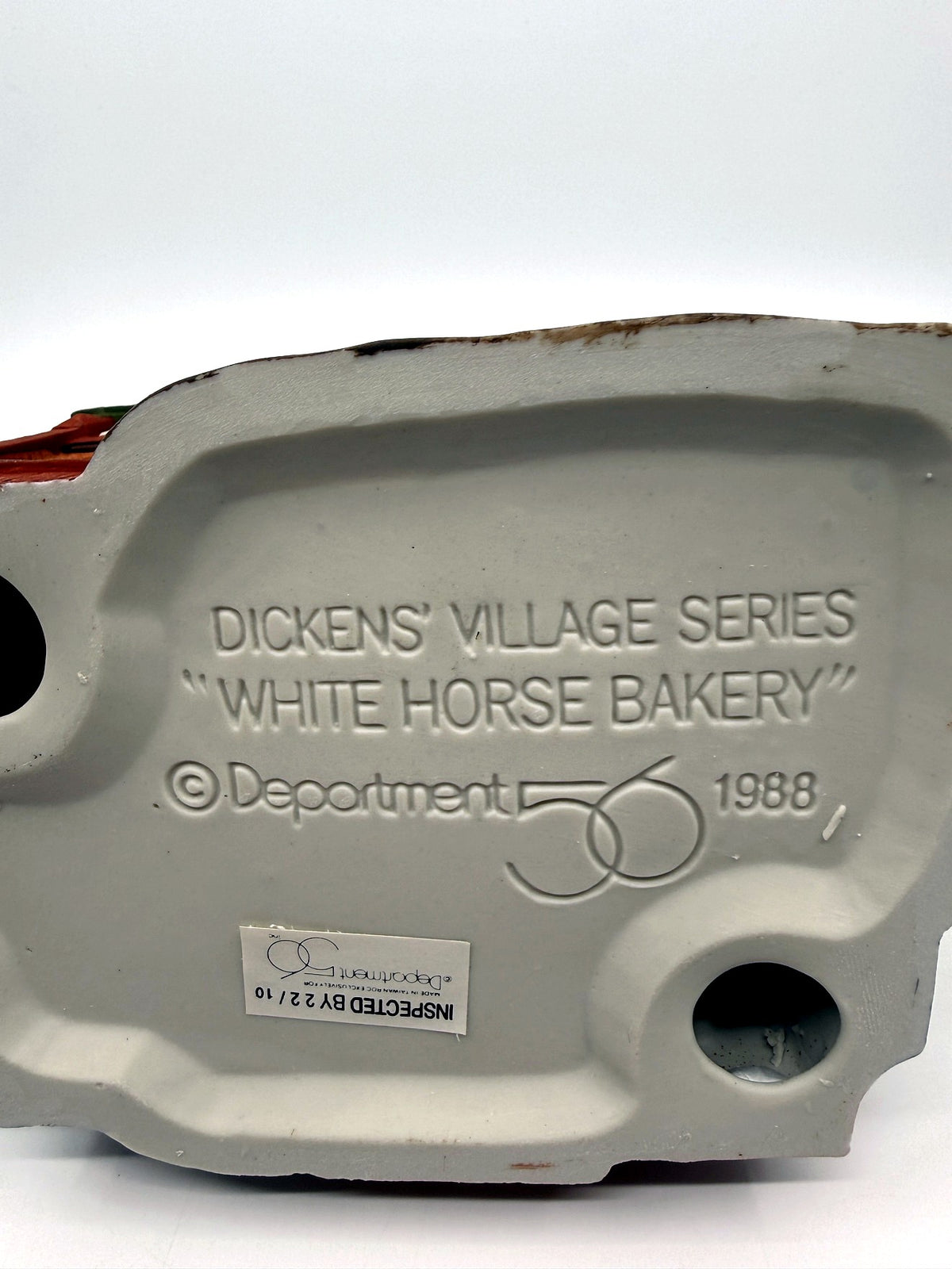 Underside: molded stamp, White Horse Bakery, 1988; Made in Taiwan sticker (enhanced)