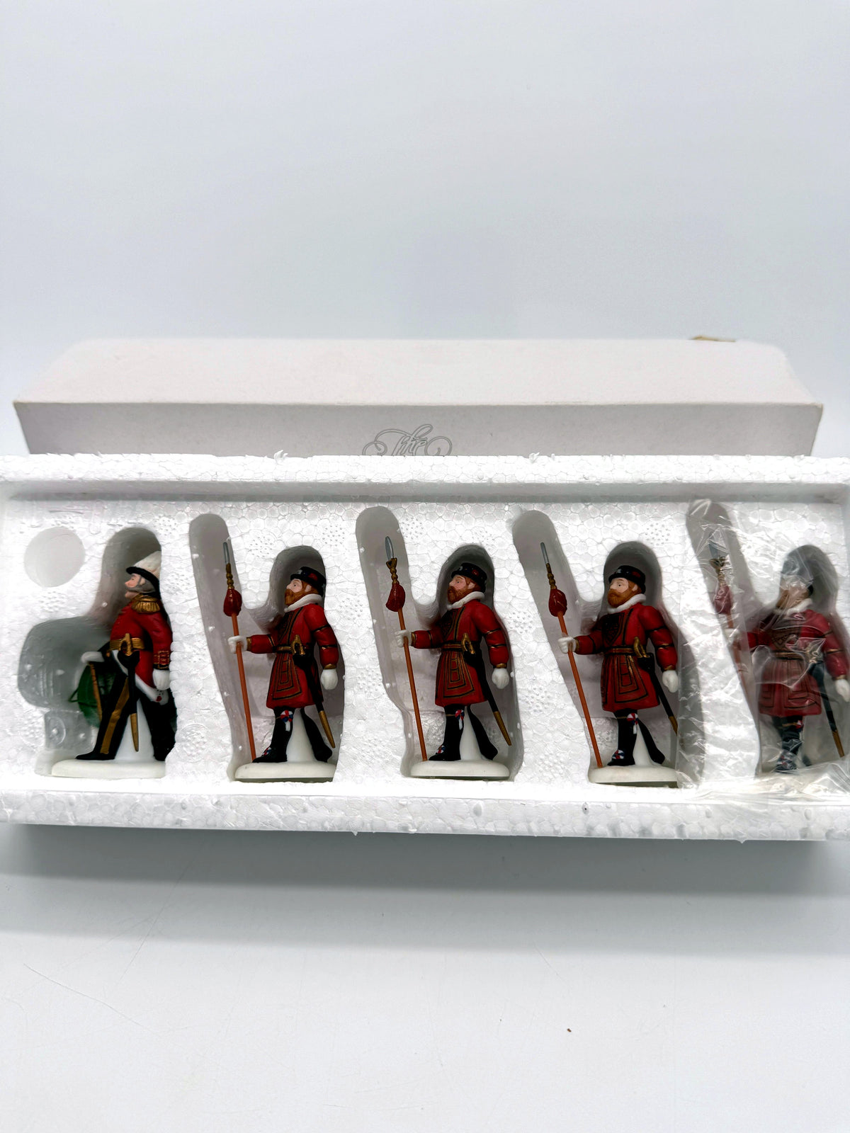 Department 56 Dickens' Village Yeomen of the Guard, set of 5 - complete set of five figurines in the original styrofoam tray: the officer and four guards, one guard still in its protective sleeve