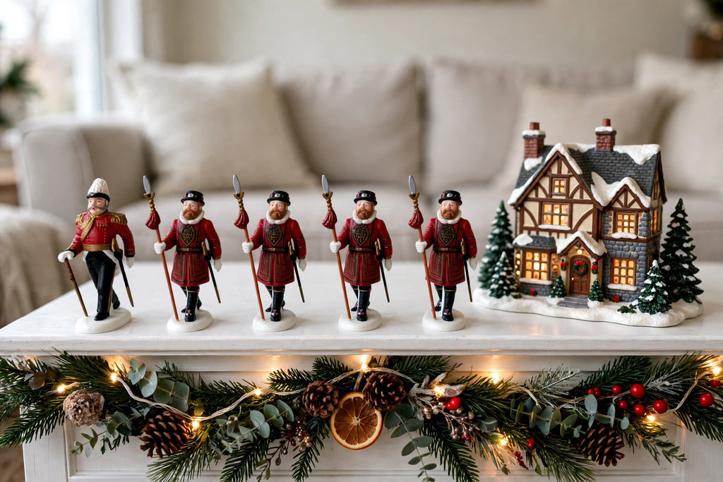Department 56 Dickens' Village Yeomen of the Guard, set of 5 in a mantel Christmas village display (styled display image for inspiration; the figurine set is the item for sale)