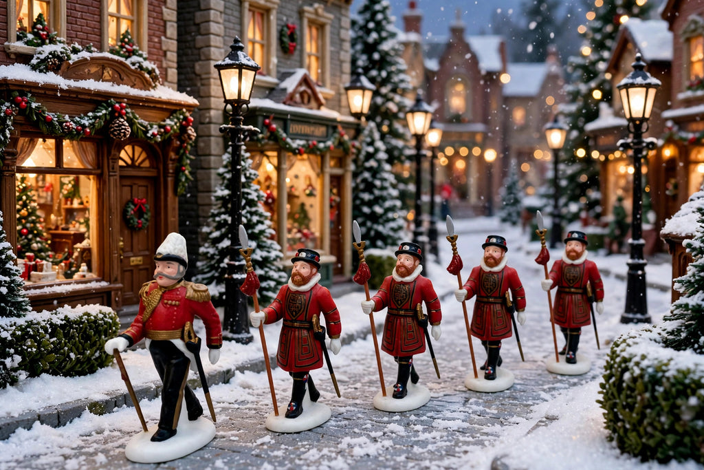 Department 56 Dickens' Village Yeomen of the Guard, set of 5 marching down a snowy miniature village street (styled display image for inspiration; the figurine set is the item for sale)