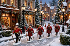 Department 56 Dickens' Village Yeomen of the Guard, set of 5 marching down a snowy miniature village street (styled display image for inspiration; the figurine set is the item for sale)
