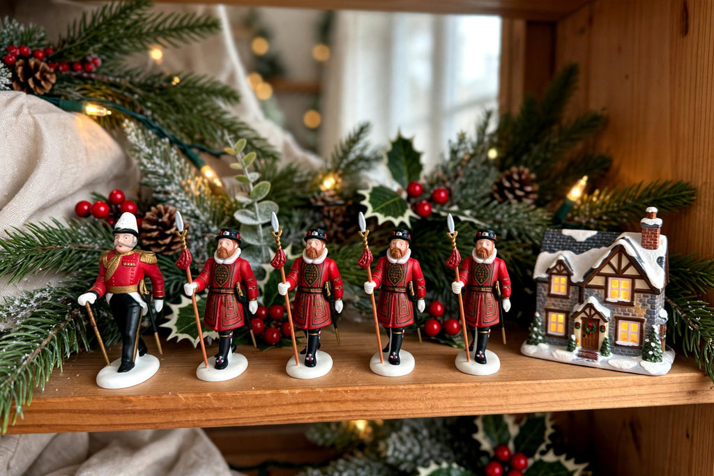 Department 56 Dickens' Village Yeomen of the Guard, set of 5 on a shelf with Christmas greenery and fairy lights (styled display image for inspiration; the figurine set is the item for sale)