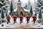 Department 56 Dickens' Village Yeomen of the Guard, set of 5 in a tabletop village display before a miniature church (styled display image for inspiration; the figurine set is the item for sale)
