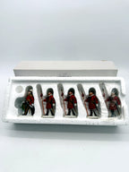Department 56 Dickens' Village Yeomen of the Guard, set of 5 - complete set in the styrofoam tray, alternate view with the officer and one guard standing in front