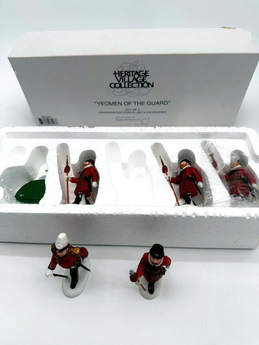 Original Department 56 retail box lid - The Heritage Village Collection, Yeomen of the Guard, set of 5, with the figurines in their tray below