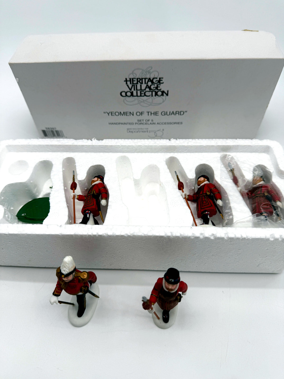 Original Department 56 retail box lid - The Heritage Village Collection, Yeomen of the Guard, set of 5, with the figurines in their tray below