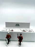 Department 56 Dickens' Village Yeomen of the Guard, set of 5 - the officer and one Beefeater guard standing, wide view with the original box behind