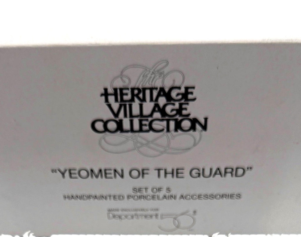 Close-up of the box lettering - The Heritage Village Collection, Yeomen of the Guard, set of 5 handpainted porcelain accessories, Department 56